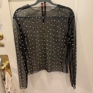 Elegant Black Sheer Top with Pearl and Rhinestone Accents